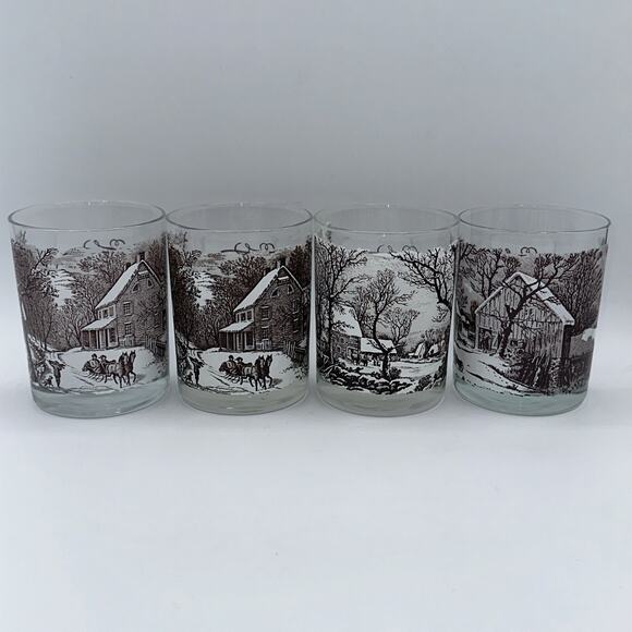 Currier & Ives Bar Glasses - Four - From Lithographic Prints -4 1/2 inches tall - Picture 1 of 7